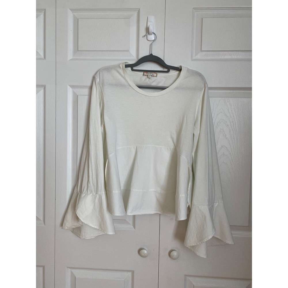 Bell & Sky Womens White Bell Sleeve Peplum Top Cotton Long Sleeve Anthropology
